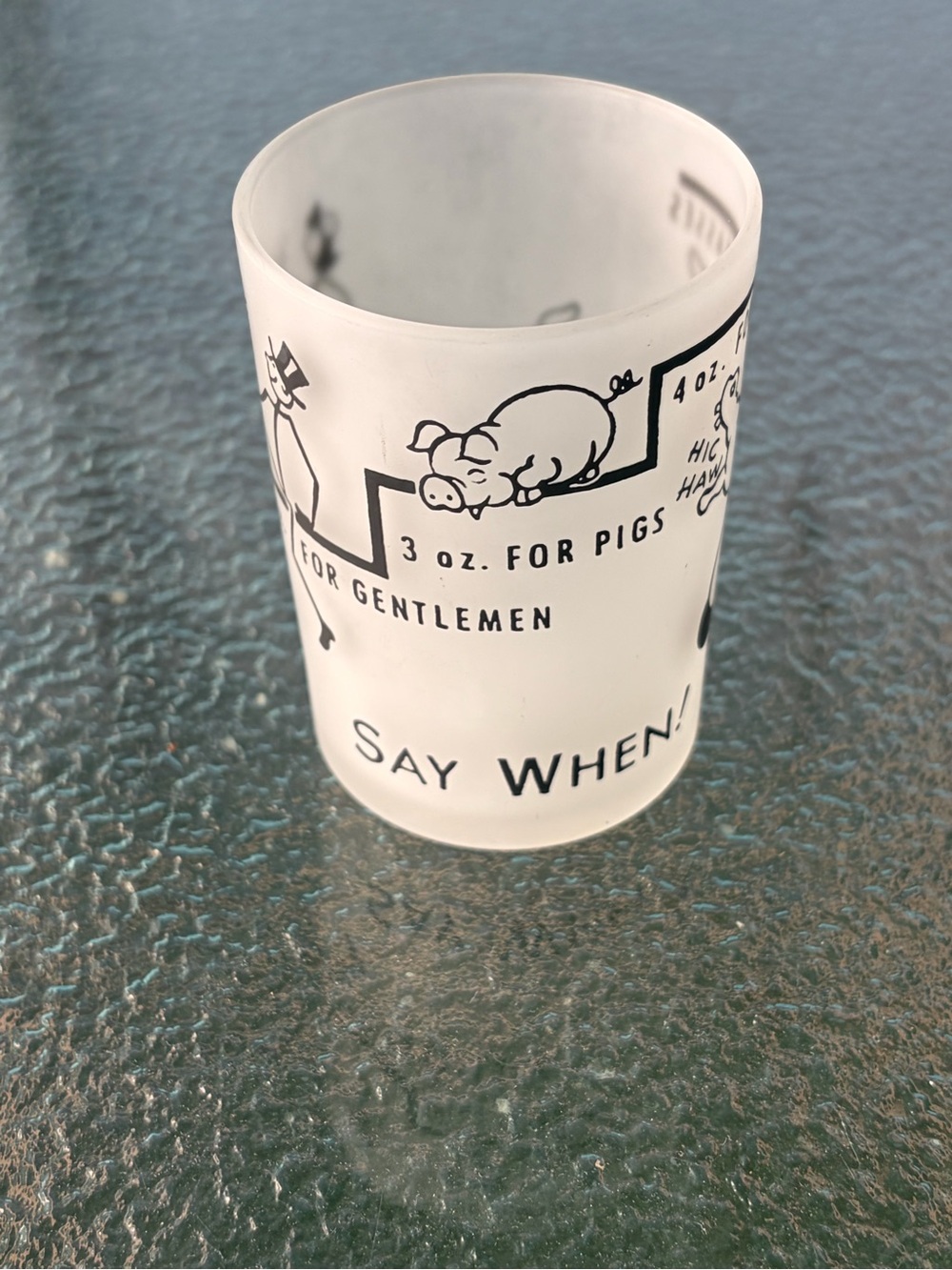 Vintage Style Frosted Shot Glass with Black Graphics